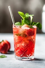 strawberry mojito cocktail with mint leaves and strawberries on a table