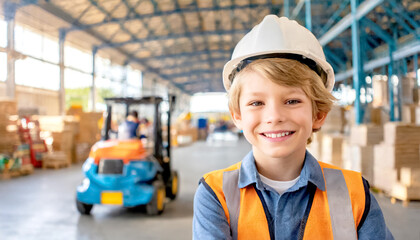 Kind mit Sicherheitshelm im Lager mit Gabelstapler im Hintergrund 