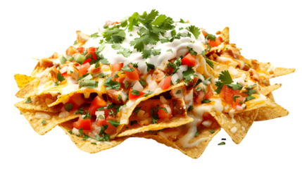  A generous serving of loaded nachos layered with seasoned chicken, queso, and sour cream, with cilantro sprinkled on top,, transparent background