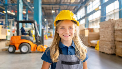 Kind mit Sicherheitshelm im Lager mit Gabelstapler im Hintergrund 