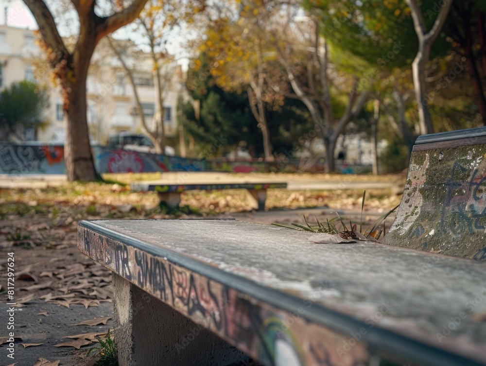 Poster a bench in a park with graffiti on it