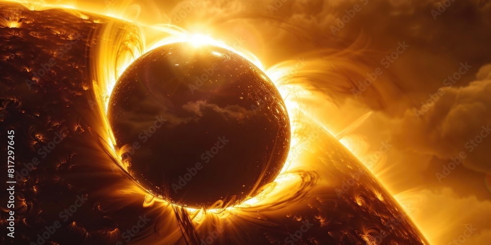Canvas Prints a large sun is in the center of the image, with a small planet in the background