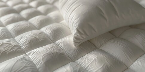 Close up of white folded duvet lying on the bed in background of a modern bedroom.