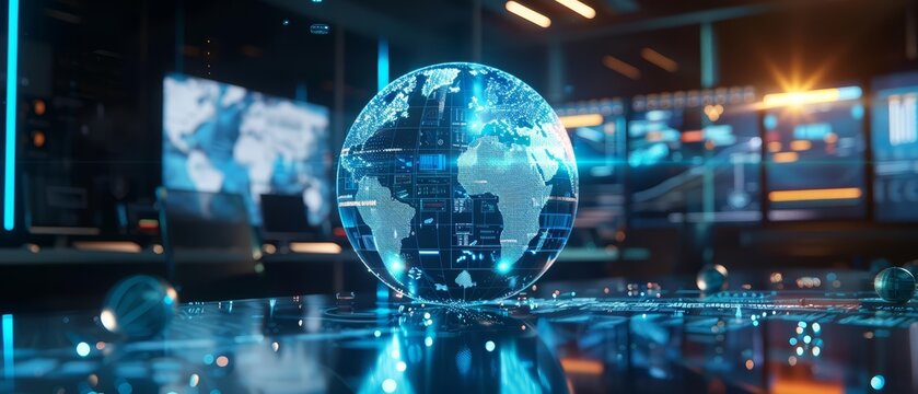 Close up of an outsourcing strategy hologram, where international collaboration and resource allocation are optimized, set in a virtual global office space, sharpen with copy space