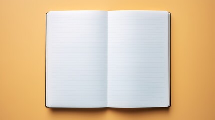 An empty notebook photographed from a top down perspective on a bicolor background