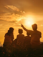 Fototapeta premium A family of four is sitting on the grass and pointing at the sun