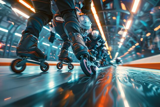 Close up of inline hockey athletes on magnetically levitating skates
