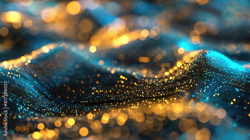 Poster the blue yellow hologram abstract picture in form of the brightly glittering wave that seems like li