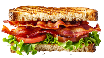  A gourmet BLT sandwich showcasing perfectly crisp bacon, fresh lettuce, and ripe tomato slices, arranged between two slices of toasted bread, transparent background