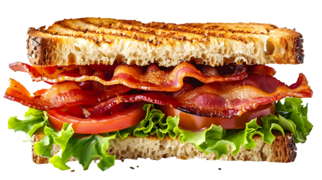  A gourmet BLT sandwich showcasing perfectly crisp bacon, fresh lettuce, and ripe tomato slices, arranged between two slices of toasted bread, transparent background - Powered by Adobe
