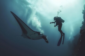 Diver swimming with  a manta ray underwater. Marine life and underwater world concept. Scuba diving, sport and active lifestyle. Design for banner, wallpaper. 