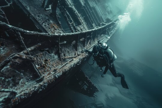 Diver exploring a sunken shipwreck underwater. Marine life and underwater world concept. Scuba diving, sport and active lifestyle. Design for banner, wallpaper. 