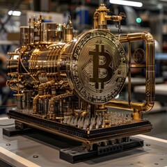 Golden machine with golden bitcoin symbol - work, engine, mechanism, finance, value concept. 