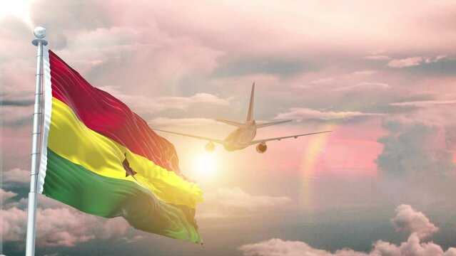 Ghana flag Waving Realistic With Sky Plane Takes Off At Sunrise