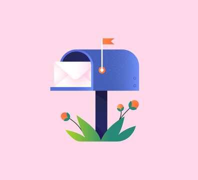 Open mailbox with letter in envelope inside. Letterbox or postbox with new correspondence. Postal service, mail delivery. Receiving email, message, notification. Isolated flat vector illustration