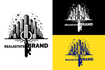 skyscraper vector logo real estate agents property firm construction company giant key building design