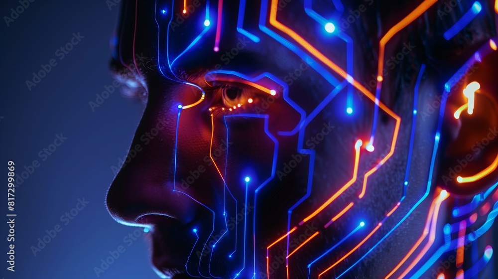 Poster man's face with neon circuitry, dark background - ai future glimpse.