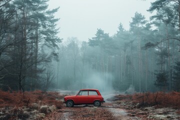 Vintage red car in a foggy forest. Landscape photography for poster and print.