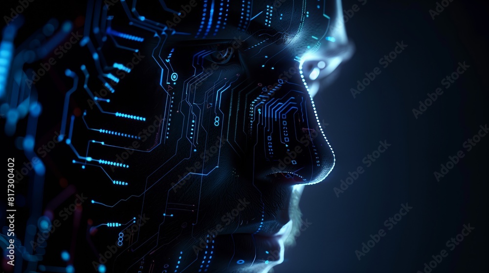 Poster man's face with neon circuit board symbolizing ai future.