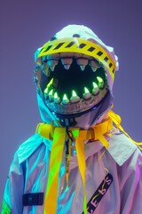 Spooky costume with glowing mask and caution tape, neon green lighting.