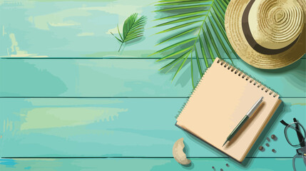 Stylish notebook with pen hat and palm leaf on gree