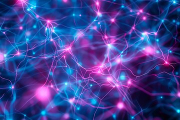 Fototapeta premium Cybernetic neural network, glowing connections and data flow, abstract representation, neon blue and pink, digital illustration