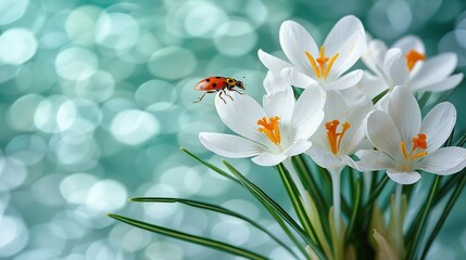   Ladybug on white flower with green-blue bokeh of light