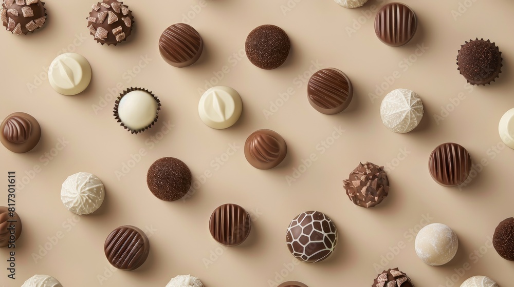 Poster create a visually appealing flat lay with an assortment of white milk and dark chocolate candies set