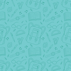 School seamless background. The concept of education and science. The "Back to School" pen draws a seamless pattern. Seamless pattern of school supplies on a school theme, hand-drawn blue background.