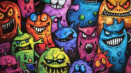 Colorful doodle cartoon monster art background characters