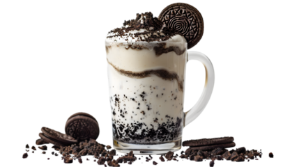  A high-definition image of an Oreo shake in a glass mug, topped with Oreo crumbs and a whole Oreo, transparent background