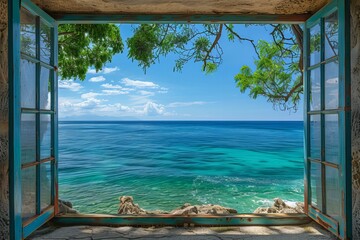 View of ocean through window of stone building