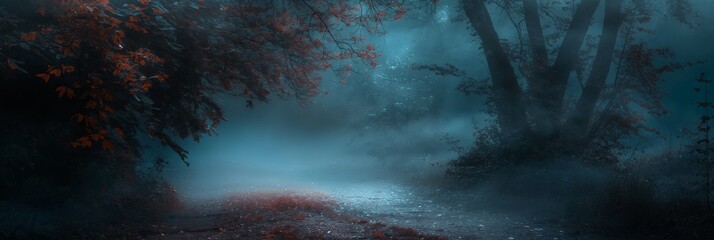 Obraz premium A serene, misty pathway in an enchanting forest, with blue fog and red foliage creating a moody atmosphere