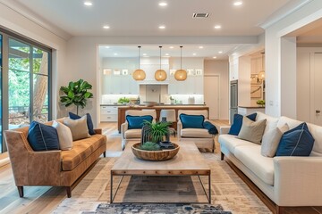 A view of a living room with couches, chairs, and a table