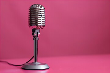 A microphone closeup on pink surface with pink background