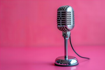 A close up of a silver microphone on a pink surface