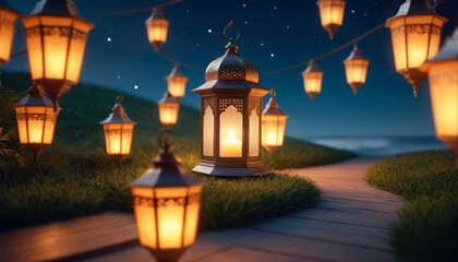 Fototapeta premium Ramadan Kareem, Lantern, Postcard: Illuminated lantern at dusk during Ramadan signifies tradition.
