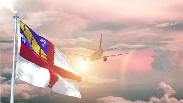 Herm flag Waving Realistic With Sky Plane Takes Off At Sunrise