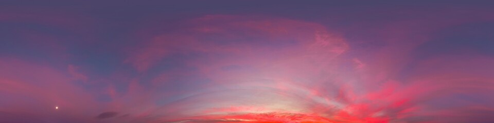 Sunset sky with bright glowing pink Cirrus clouds. Seamless spherical HDR 360 panorama. Full zenith...