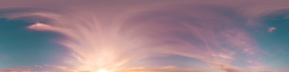 360 panorama of glowing sunset sky with bright pink Cumulus clouds. HDR 360 seamless spherical panorama. Full zenith or sky dome sky replacement for aerial drone panoramas. Climate and weather change.
