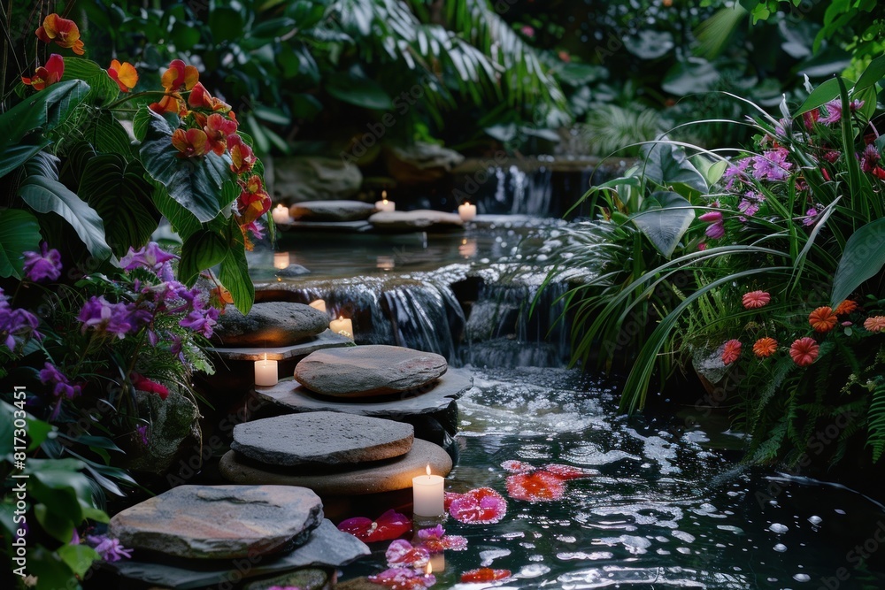 Poster a garden with a small stream and a path with stepping stones