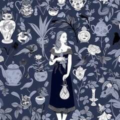 Fototapeta premium In the centre is a young woman dressed smartly. Delicate plants and porcelain vases and birds fill the space. The deep blue background and muted tones create a calm, dreamy atmosphere.