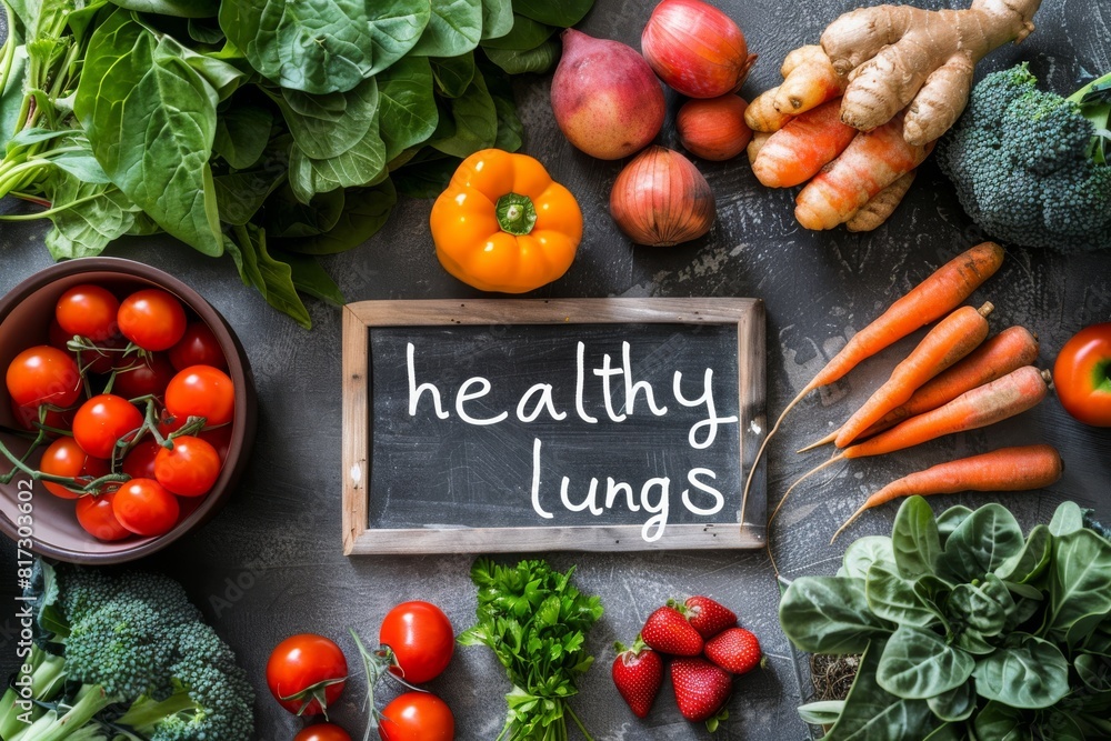 Poster fresh vegetables and fruits around a chalkboard with 'healthy lungs' written on it. flat lay composi