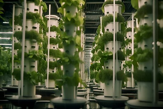 Modern indoor vertical farm growing lettuce with hydroponic system