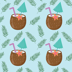 Summer seamless pattern with hand-drawn alcoholic cocktails and palm leaves. Vintage vector background with drinks, coconuts, palm leaves and lemons for textiles, wrapping paper, menus.