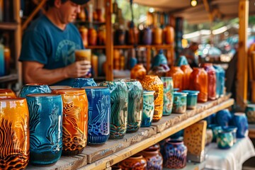 Colorful ceramic mugs on display at outdoor market