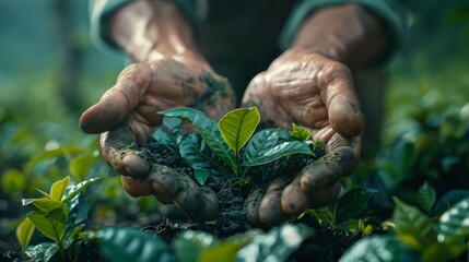 artisan tea production, close-up image of tea leaves being held by experienced hands, highlighting the dedication and skill involved in producing high-quality tea