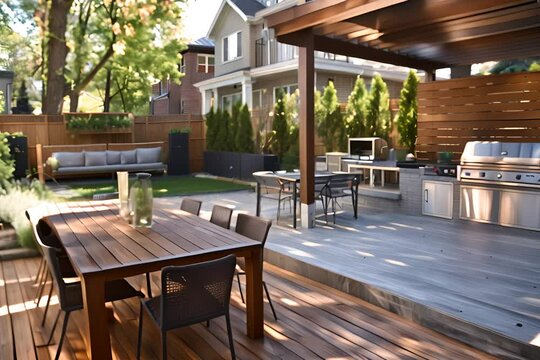 Modern backyard patio with outdoor kitchen, dining area, and lounge under pergola