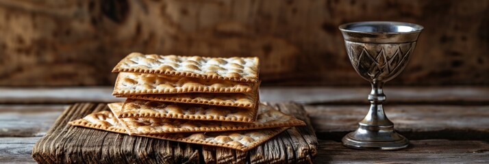 Traditional unleavened bread matzah and a silver wine cup set for a Jewish Passover meal