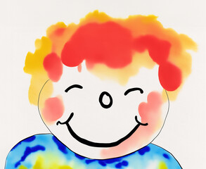 Watercolor painting of a happy smiling kid's face. Childish joyful style.
